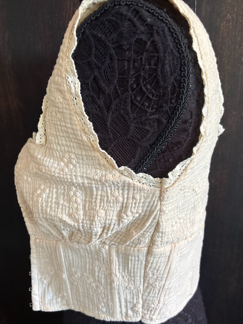 VTG Camisole / Cosette cream hook & eye boning lined handmade cottage core EUC